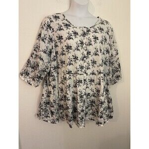 Ellos Blouse Babydoll Floral Cotton Black White Fairygoth Cottagecore 1x Pintuck